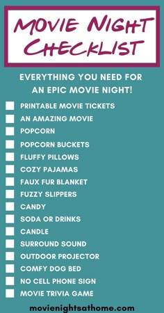 the movie night checklist is shown in purple and blue with red lettering on it