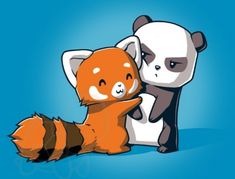 two cartoon animals are hugging each other on a blue background with the caption panda and red panda