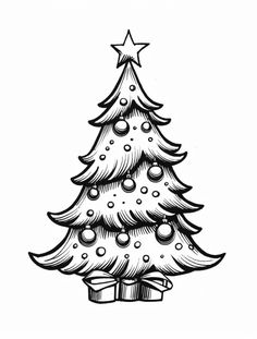 a drawing of a christmas tree with presents under it and stars on the top, in black and white