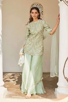 Osaa By Adarsh | Pastel Green Floral Embroidered Sharara Set | INDIASPOPUP.COM Sharara Suit Pastel Colors, Pastel Green Salwar Suit, Embroidered Raw Silk Palazzo Set With Traditional Drape, Embroidered Raw Silk Palazzo Set, Embroidered Raw Silk Palazzo Set For Reception, Embroidered Raw Silk Palazzo Set For Transitional Season, Green Embroidered Chanderi Palazzo Set, Embroidered Sharara With Straight Kurta For Reception, Embroidered Sharara For Reception With Straight Kurta