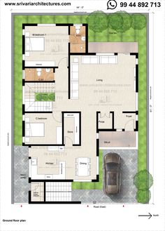 a floor plan for a house with two cars parked in the driveway