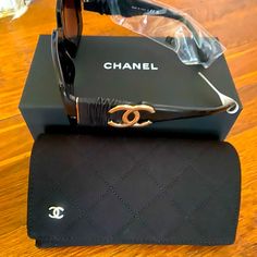 New In Box Chanel Sunglasses With Leather Side Logos And Gold Cc Emblem Elegant Brown Rectangular Sunglasses, Luxury Black Sunglasses For Travel, Chic Rectangular Sunglasses For Travel, Designer Brown Evening Sunglasses, Luxury Rectangular Sunglasses For Evening, Elegant Black Sunglasses For Business, Elegant Rectangular Sunglasses For Formal Occasions, Luxury Black Rectangular Sunglasses, Luxury Brown Sunglasses For Evening