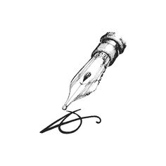 a black and white drawing of a fountain pen with the letter f on it's tip