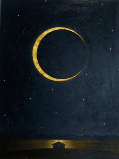 a painting of a crescent moon in the night sky