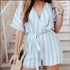 **New** Blue And White Striped Romper! Selling Excess Inventory From A Closed Boutique. Snag Up These Great Deals Before They’re Gone! Striped Short Sleeve Jumpsuits And Rompers For Beach, Striped Short Sleeve Jumpsuits And Rompers For Summer, Striped Jumpsuits For Spring Day Out, Light Blue V-neck Jumpsuits And Rompers For Casual Wear, Casual Light Blue V-neck Jumpsuits And Rompers, Light Blue V-neck Casual Jumpsuit, Casual Light Blue V-neck Jumpsuit, Light Blue Short Sleeve Jumpsuits And Rompers For Spring, Casual Blue Jumpsuits And Rompers With Tie Waist