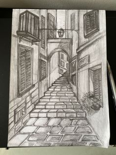 a pencil drawing of an alleyway with shuttered windows and steps leading to a potted plant