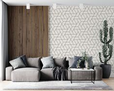 a living room with a couch, table and cacti on the wall behind it