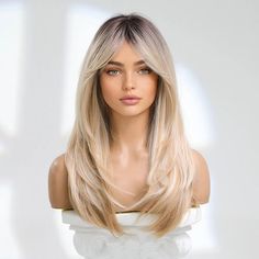 24 Inch Blonde Wigs For Women Long Blonde Wig With Bangs Layered Synthetic Hair Wig With Dark Roots | Don't Miss These Great Deals | Temu Blonde Wig With Bangs, Curling Straight Hair, Long Blonde Wig, Blonde Wigs, Long Bangs, Ombre Wigs, Wig With Bangs, Hair Replacement, Long Blonde