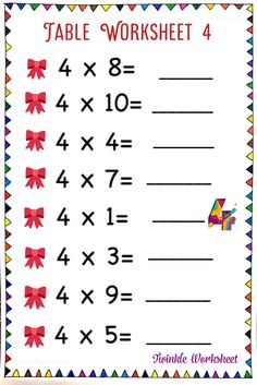 a printable table worksheet with numbers and bows on the top, for addition to