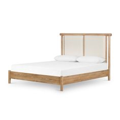 the bed frame is made with wood and white linens, but it has no headboard