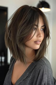 New Haircuts For Women 2024, Short Hair Angled Around Face, Woman’s Hair Color, Stacked Lob Haircut For Fine Hair, Hair Trends For 2024 For Women, Longer In Front Bob, Angled Bob With Face Framing Layers, Lob For Thinning Hair, Long Bob Thinning Hair