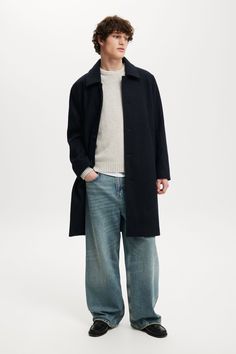 TRENCH COAT Casual Long Wool Coat, Casual Long Peacoat For Fall, Casual Long Peacoat, Casual Long Peacoat For Cold Weather, Casual Single Breasted Long Peacoat, Modern Navy Outerwear For Winter, Navy Casual Long Coat, Casual Long Peacoat For Business, Casual Gabardine Outerwear For Winter