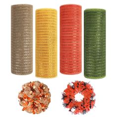 four rolls of yarn and two wreaths on top of each other in different colors