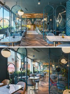 two pictures of the inside of a restaurant with tables and chairs in different angles, one is