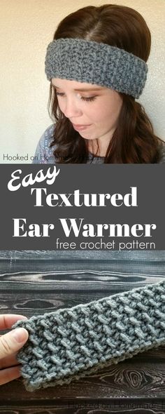 a woman wearing a headband made out of yarn with text overlay that says easy textured ear warmer free crochet pattern