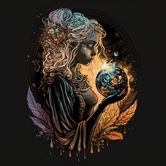 a woman holding a crystal ball in her hand with leaves around it and the earth inside