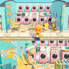 two pictures of the same room in animal crossing, one with an oven and another with a laundry machine