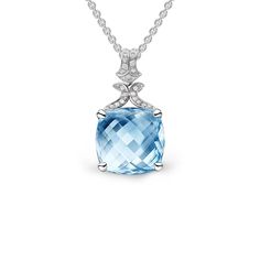 Sophisticated 9-carat cushion-cut aquamarine pendant with diamond accents, available in 18k white gold or platinum, on a white background. Rose Carving, Diamond Pendant Set, Radiant Halo, Diamond Centerpiece, Star Silhouette, Aquamarine Pendant, Aqua Marine, Gemstone Jewellery, Pendant Design