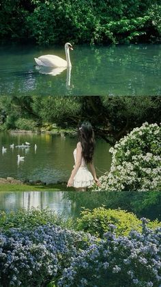 two pictures of a woman sitting in front of a lake with swans and flowers around her