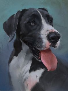 a painting of a black and white dog with his tongue hanging out to the side