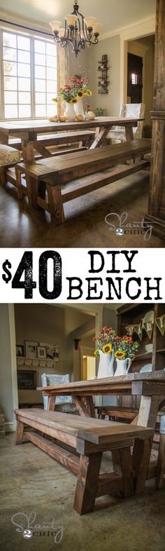 this is an image of a dining room table and bench made out of pallet wood