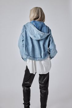 This is not your mother's denim jacket from the 80s -- The Denim Jacket 2.0 is a cropped, oversized jacket that will make any look instantly cooler Available for Pre Order, will ship around Sept. 13, 2022. Oversized Hooded Denim Jacket In Medium Wash, Oversized Hooded Medium Wash Denim Jacket, Oversized Hooded Denim Jacket, Trendy Oversized Hooded Denim Jacket, Oversized Hooded Denim Jacket With Pockets, Oversized Hooded Denim Jacket For Fall, Oversized Hooded Denim Jacket In Urban Style, Urban Oversized Hooded Denim Jacket, Oversized Urban Denim Hooded Jacket