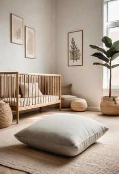 a baby crib in the corner of a room next to a potted plant