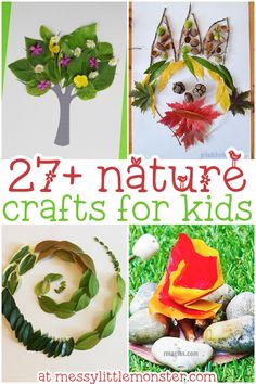 four different pictures with the words 27 + nature crafts for kids