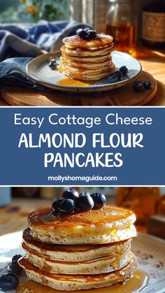 pancakes with blueberries are stacked on top of each other and the words, easy cottage cheese almond flour pancakes