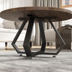 a wooden table sitting on top of a carpeted floor