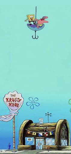 an image of a cartoon character flying in the sky over a fish tank with a sign that says the krusz krab