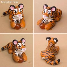 three pictures of a toy tiger laying on the ground with four different angles to show it's body