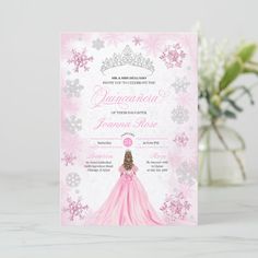 a pink princess themed birthday party with snowflakes and tiara on the front