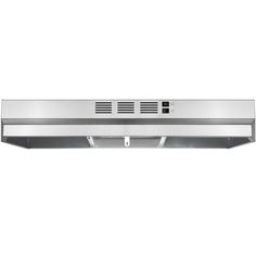 a stainless steel range hood with two lights on each side and an air vent in the middle