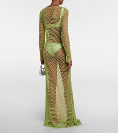 Beaded Fishnet Maxi Dress in Green - Self Portrait | Mytheresa Sheer Mesh Maxi Dress For Beach, Spring Beach Mesh Maxi Dress, Spring Mesh Dress For Beach Cover-up, Spring Evening Mesh Maxi Dress, Summer Festival Sheer Maxi Dress, Summer Festival Maxi Dress With Sheer Details, Spring Fishnet Mesh Dress, Sheer Maxi Dress For Summer Festival, Summer Evening Embellished Maxi Dress