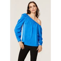 Blue satin (100% Polyester). Top. One-shoulder neckline. Long sleeves. Pull on. 24" from shoulder to hemline. Imported. One Shoulder Top, Ramy Brook, Rent The Runway, One Shoulder Tops, Polyester Top, Blue Satin, Stretch Pants, One Shoulder Blouse, Shoulder Top