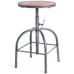 an adjustable stool with wooden seat and metal frame