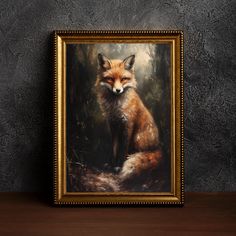 an oil painting of a fox sitting on a table in front of a gray wall