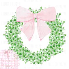 a watercolor painting of a pink bow and green beads on a wreath with ribbon