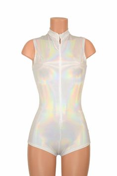 Flashbulb Holographic Zippered Sleeveless "Stella" Romper with Short Collar Rave Holographic Clubwea Metallic Sleeveless Stretch Bodysuit, Metallic Stretch Sleeveless Bodysuit, Metallic Fitted Sleeveless Bodysuit, Metallic Sleeveless Fitted Bodysuit, White Fitted Sleeveless Leotard, White Sleeveless Fitted Leotard, Summer Metallic Sleeveless Bodysuit, Metallic Sleeveless Bodysuit For Summer, Boy Cut