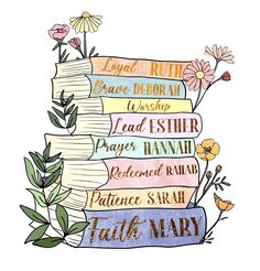 a stack of books with flowers on top