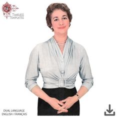 a woman wearing a blouse and skirt with the words authentic vintage sewing patterns instructions in english