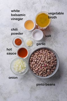 ingredients to make bean soup in bowls on a white background with words describing the different types of beans