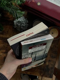 a person is holding several books in front of a table with christmas decorations and pine cones