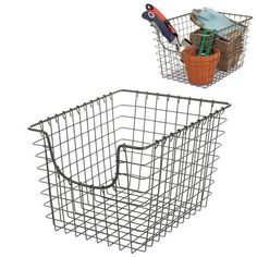 two wire baskets with scissors and other items in them on a white background, one has a clipboard attached to it