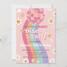 a pink disco party birthday card with flowers and smiley faces on the front, in pastel colors