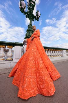 Neon Orange Sequin Lehenga Set Strappy Blouse, Sequin Lehenga, Orange Lehenga, Seema Gujral, Orange Outfits, Orange Outfit, Change Image, Net Dupatta, 12 Weeks