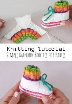 Knit Simple Rainbow Booties Baby Socks Pattern, Crochet Baby Socks, Baby Booties Free Pattern, Crochet Baby Booties Pattern, Kids Knitting Patterns, Baby Booties Knitting Pattern, Crochet Baby Shoes Pattern, Easy Knitting Projects, Baby Booties Pattern