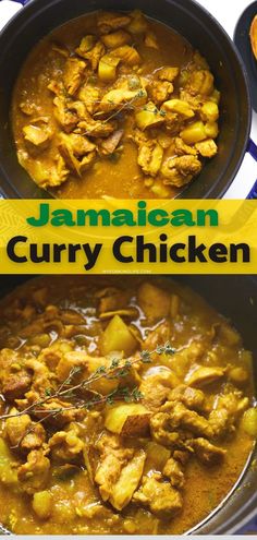 jamaican curry chicken recipe in a pan with the title above it, and an image of two