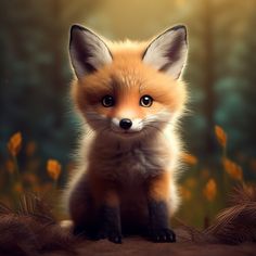 a little fox sitting on top of a pile of dirt in front of trees and flowers